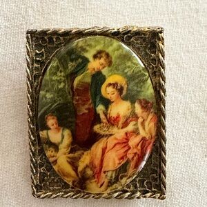 Vintage Pastoral Scene Ceramic
Brooch with Gold-Tone Frame